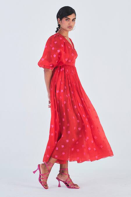 Buy_Little Things Studio_Red Organza Floral V Neck Chui Mui Print Dress _Online_at_Aza_Fashions
