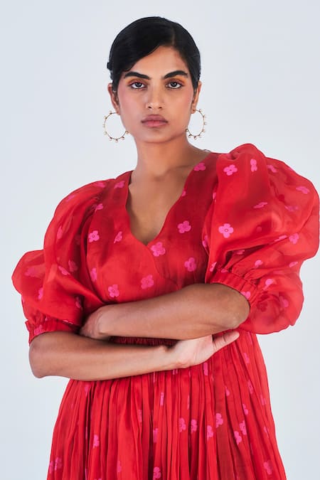 Shop_Little Things Studio_Red Organza Floral V Neck Chui Mui Print Dress _Online_at_Aza_Fashions