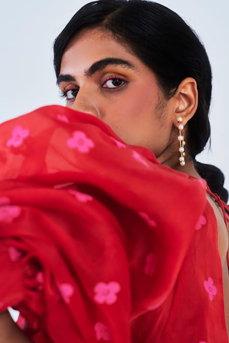 Little Things Studio_Red Organza Floral V Neck Chui Mui Print Dress _at_Aza_Fashions