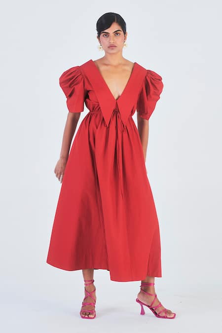 Little Things Studio Red Poplin Plain V Neck Rukmini Collared Dress 