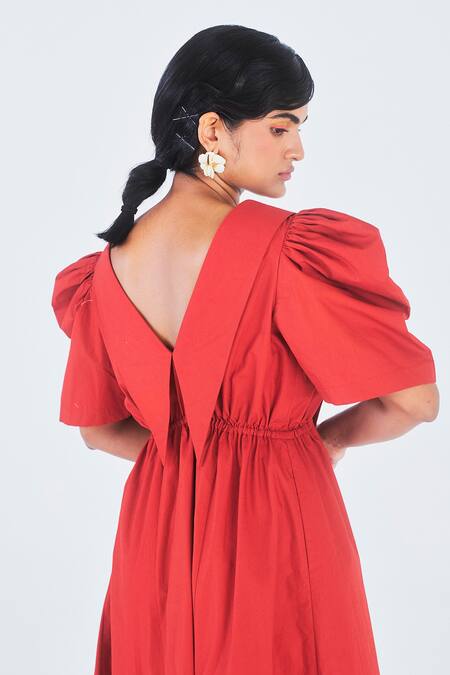 Buy_Little Things Studio_Red Poplin Plain V Neck Rukmini Collared Dress_Online_at_Aza_Fashions