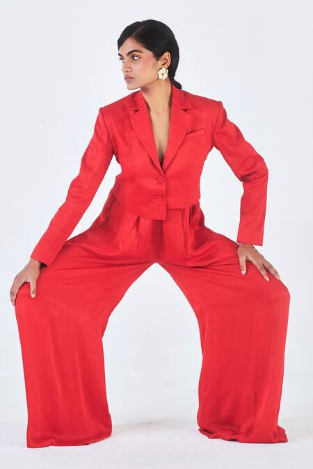 Little Things Studio_Red Orange Fiber Plain Lapel Collar Tara Cropped Jacket And Pant Set_Online_at_Aza_Fashions
