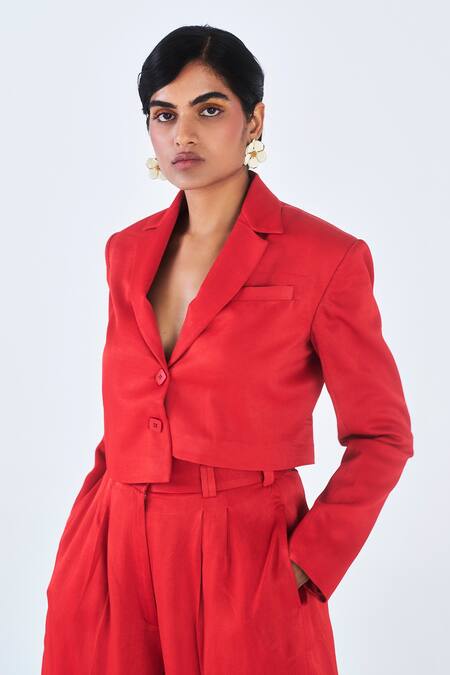 Shop_Little Things Studio_Red Orange Fiber Plain Lapel Collar Tara Cropped Jacket And Pant Set_Online_at_Aza_Fashions