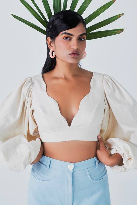 Buy_Little Things Studio_Off White Kala Cotton Plain V Neck Kumudini Top_Online_at_Aza_Fashions