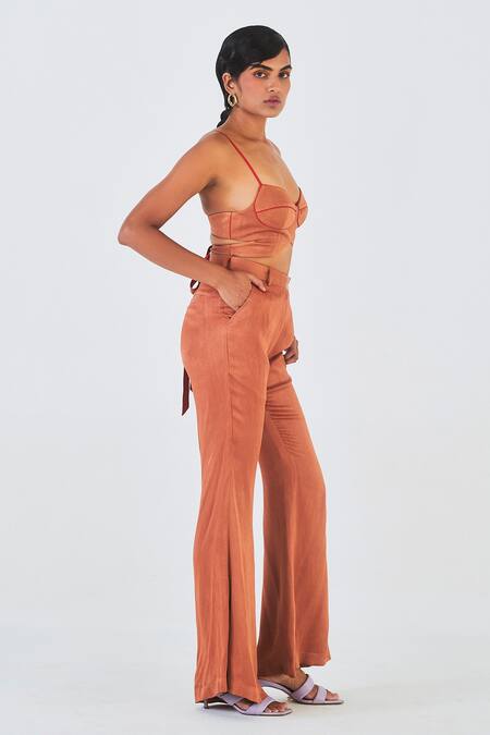 Little Things Studio_Brown Orange Fiber Plain Sweetheart Neck Molshri Crop Top And Pant Set_Online_at_Aza_Fashions