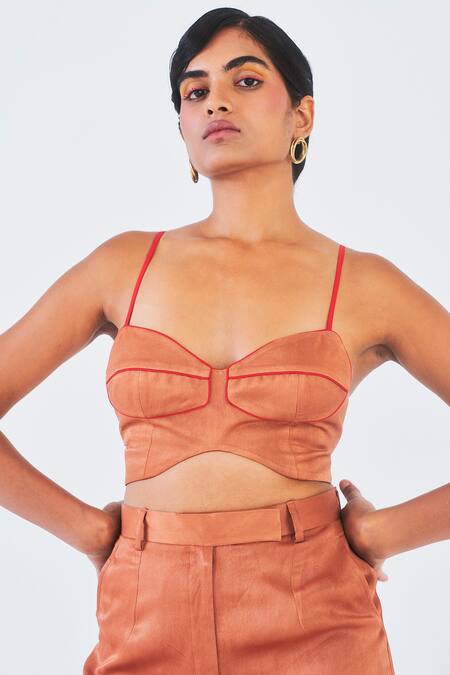 Shop_Little Things Studio_Brown Orange Fiber Plain Sweetheart Neck Molshri Crop Top And Pant Set_Online_at_Aza_Fashions