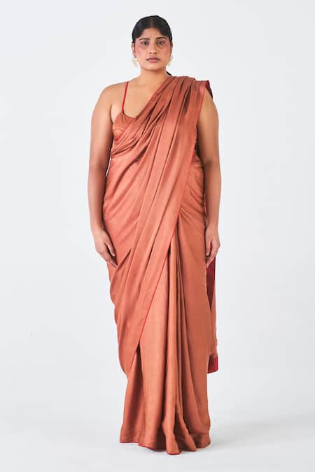 Little Things Studio Brown Rose Fiber Plain Malhar Saree Online at Aza Fashions Little Things Studio_Brown Rose Fiber Plain Malhar Saree_Online_at_Aza_Fashions