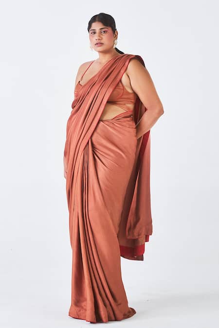 Buy Little Things Studio Brown Rose Fiber Plain Malhar Saree Online at Aza Fashions Buy_Little Things Studio_Brown Rose Fiber Plain Malhar Saree_Online_at_Aza_Fashions
