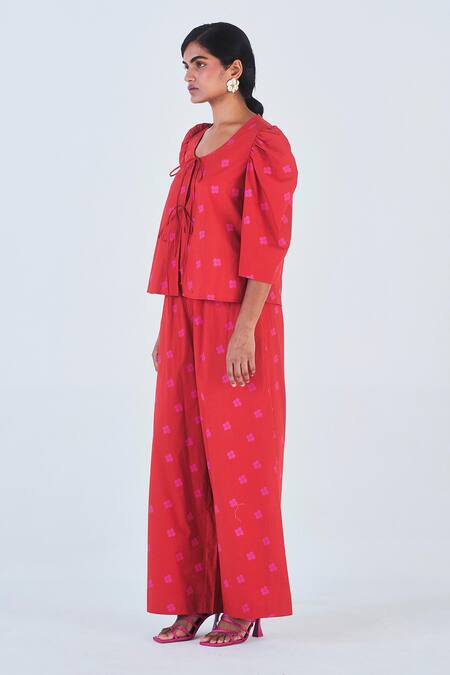Little Things Studio_Red Poplin Printed Floral Round Pallash Top And Pant Set_Online_at_Aza_Fashions