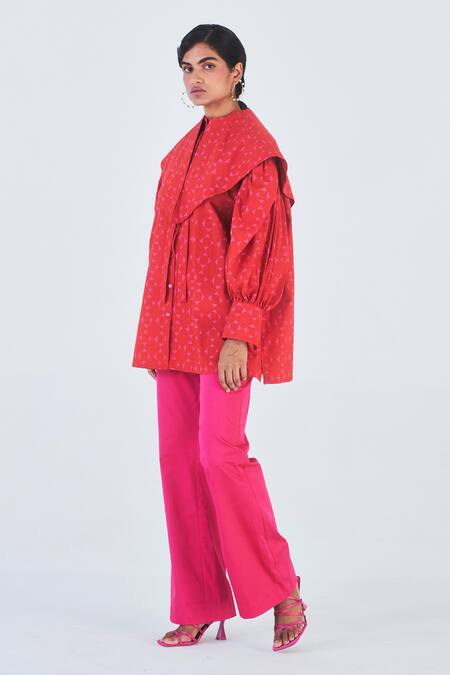 Buy_Little Things Studio_Red Poplin Printed Geometric Round Gulmohar Top_Online_at_Aza_Fashions