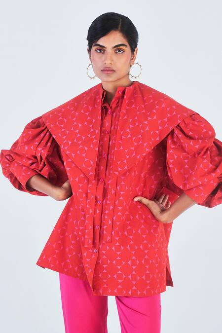 Shop_Little Things Studio_Red Poplin Printed Geometric Round Gulmohar Top_Online_at_Aza_Fashions