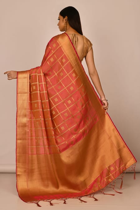 Shop_Samyukta Singhania_Pink Silk, Brocade Embroidery Checkered Woven Banarasi Saree_at_Aza_Fashions