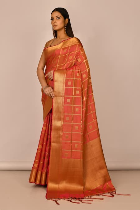 Samyukta Singhania_Pink Silk, Brocade Embroidery Checkered Woven Banarasi Saree_Online_at_Aza_Fashions