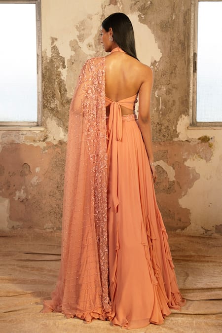 Shop_Shloka Khialani_Peach Net, Crepe, Georgette Floral High Neck Amelia Ruffle Lehenga Set _at_Aza_Fashions