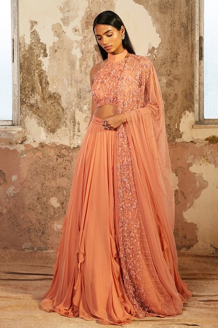 Shloka Khialani_Peach Net, Crepe, Georgette Floral High Neck Amelia Ruffle Lehenga Set _Online_at_Aza_Fashions