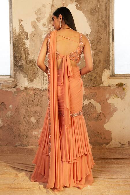 Shop_Shloka Khialani_Peach Net, Crepe, Georgette Floral Leaf Neck Serena Pre-draped Saree With Blouse _at_Aza_Fashions