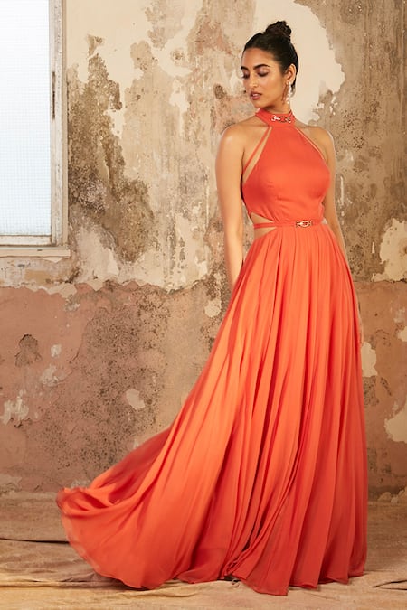 Shloka Khialani_Orange Net, Crepe, Georgette Plain High Neck Anna Gown _Online_at_Aza_Fashions
