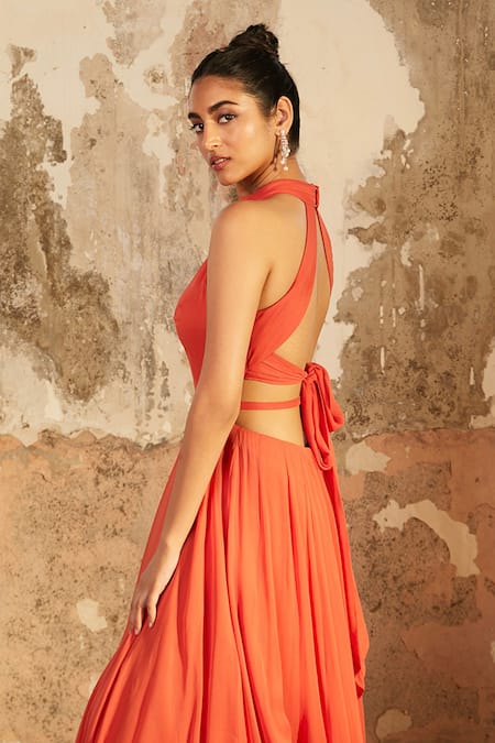 Buy_Shloka Khialani_Orange Net, Crepe, Georgette Plain High Neck Anna Gown _Online_at_Aza_Fashions