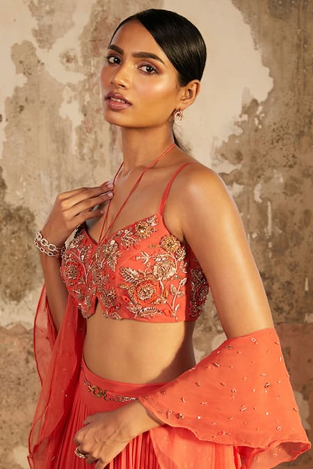 Buy_Shloka Khialani_Peach Net, Crepe, Georgette Floral V Neck Millie Tiered Lehenga Set _Online_at_Aza_Fashions