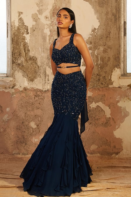 Shloka Khialani_Blue Net, Crepe, Georgette Floral V Neck Ezra Embellished Skirt Set_Online_at_Aza_Fashions