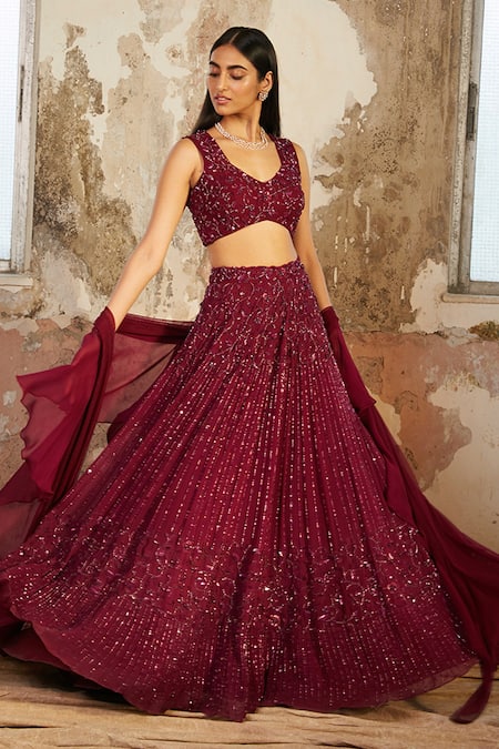 Shloka Khialani Purple Georgette Embellished Floral V Neck Jane Lehenga Set  