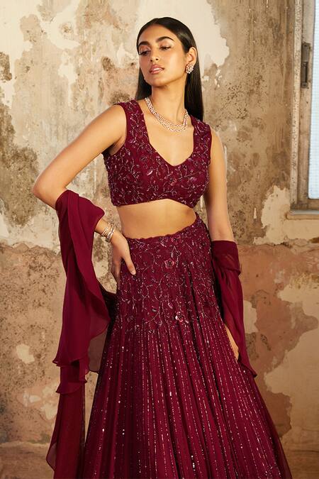 Shloka Khialani_Purple Net, Crepe, Georgette Floral V Neck Jane Embellished Lehenga Set_Online_at_Aza_Fashions