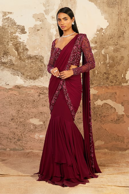 Handwoven wine colour tussar Georgette saree