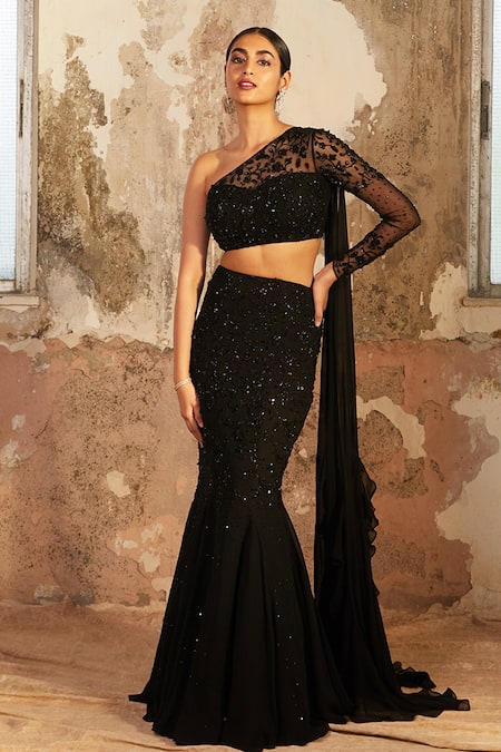 Shloka Khialani Black Georgette Embellished Glass Bead Asymmetric Kate Skirt Set 