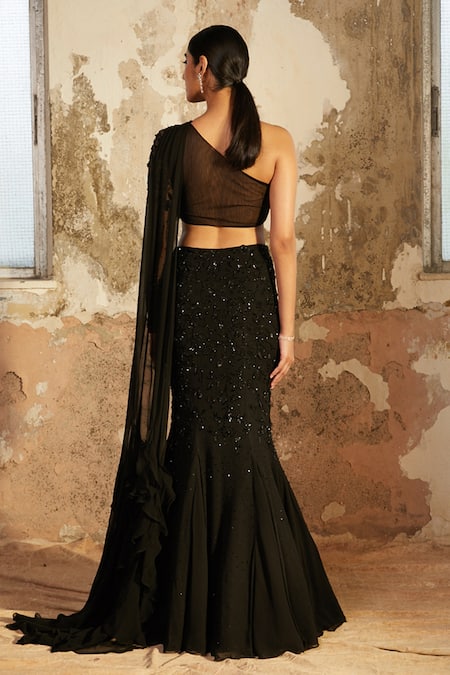 Shop_Shloka Khialani_Black Net, Crepe, Georgette Floral, Glass Bead Kate Embellished Skirt Set _at_Aza_Fashions
