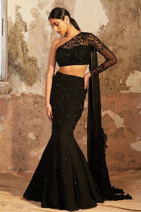 Shloka Khialani_Black Net, Crepe, Georgette Floral, Glass Bead Kate Embellished Skirt Set _Online_at_Aza_Fashions