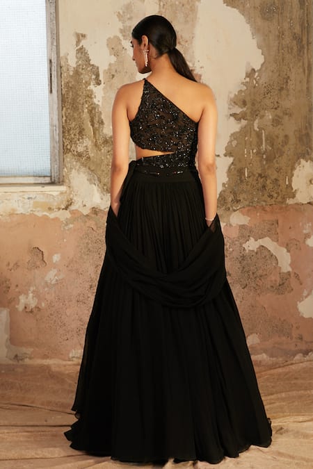 Shop_Shloka Khialani_Black Georgette Embellished Floral Asymmetric Nina Pleated Lehenga Set  _at_Aza_Fashions