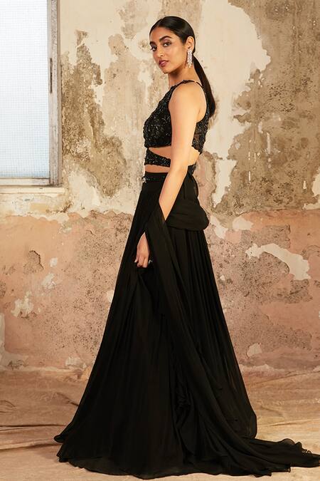 Shloka Khialani_Black Georgette Embellished Floral Asymmetric Nina Pleated Lehenga Set  _Online_at_Aza_Fashions