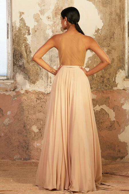 Shop_Shloka Khialani_Beige Crepe, Georgette Floral Round Demi Embellished Gown _at_Aza_Fashions