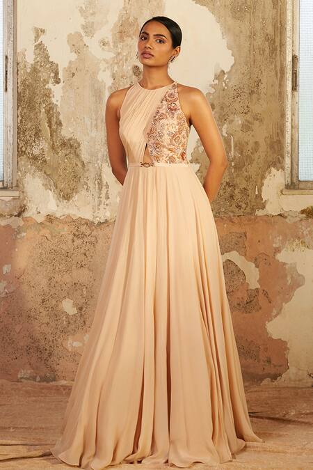 Shloka Khialani_Beige Crepe, Georgette Floral Round Demi Embellished Gown _Online_at_Aza_Fashions