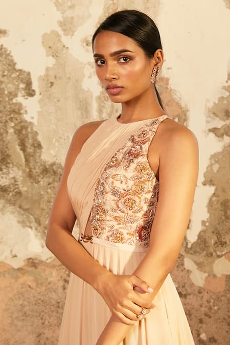 Buy_Shloka Khialani_Beige Crepe, Georgette Floral Round Demi Embellished Gown _Online_at_Aza_Fashions