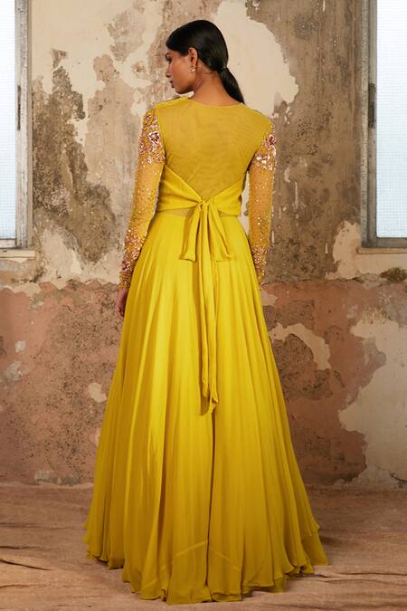 Shop_Shloka Khialani_Yellow Net, Crepe, Georgette Floral Sweetheart Neck Azi Embellished Gown _at_Aza_Fashions