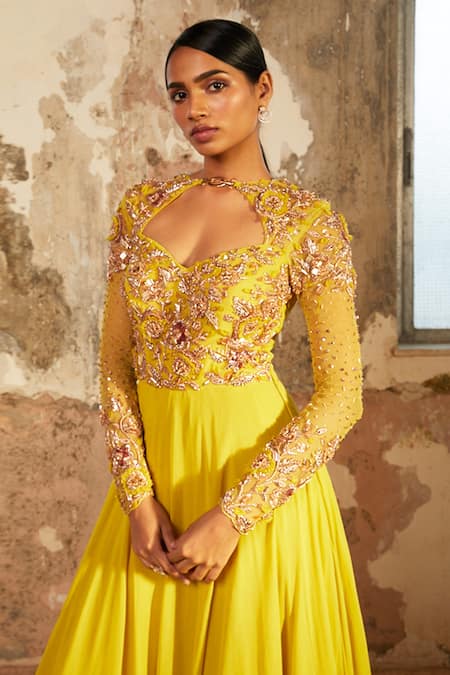 Buy_Shloka Khialani_Yellow Net, Crepe, Georgette Floral Sweetheart Neck Azi Embellished Gown _Online_at_Aza_Fashions