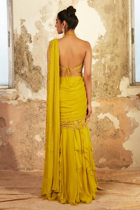 Shop_Shloka Khialani_Yellow Net, Crepe, Georgette Floral Halter Ziya Pre-draped Saree With Blouse _at_Aza_Fashions
