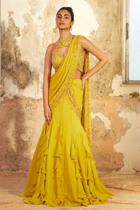 Shloka Khialani_Yellow Net, Crepe, Georgette Floral Halter Ziya Pre-draped Saree With Blouse _Online_at_Aza_Fashions