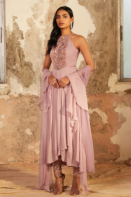 Shloka Khialani_Purple Net, Crepe, Georgette Floral Round Chelsea Embellished Anarkali Set _Online_at_Aza_Fashions