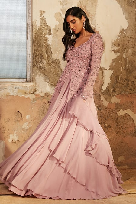 Shop_Shloka Khialani_Purple Net, Crepe, Georgette Floral V Neck Lillie Anarkali Lehenga Set _at_Aza_Fashions