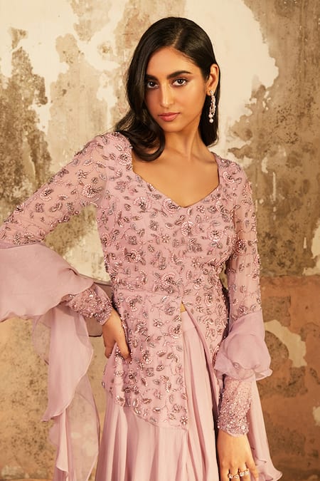 Shloka Khialani_Purple Net, Crepe, Georgette Floral V Neck Lillie Anarkali Lehenga Set _Online_at_Aza_Fashions