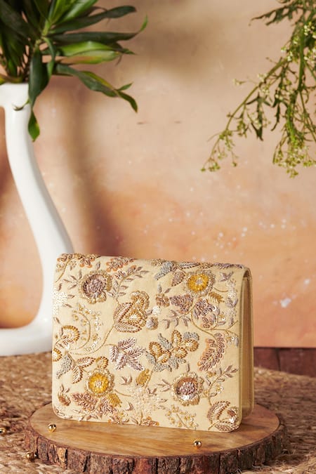 The Purple Sack Gold Embroidery Shiddat Floral Clutch With Sling 