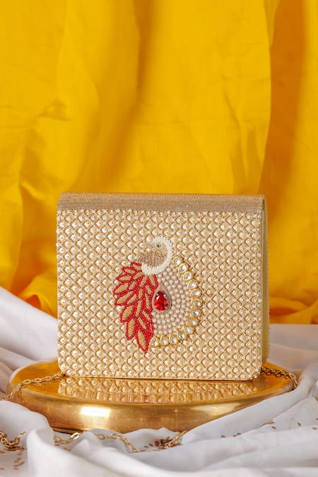 The Purple Sack Gold Embroidery Mayuraa Embellished Clutch With Sling 