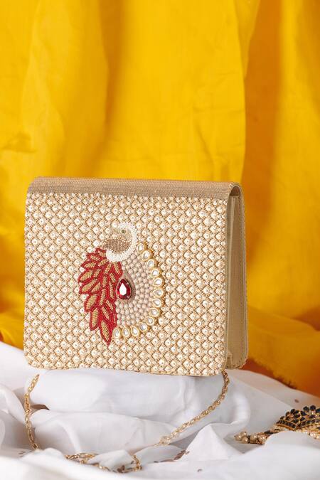 The Purple Sack Gold Embroidery Mayuraa Embellished Clutch With Sling Online at Aza Fashions The Purple Sack_Gold Embroidery Mayuraa Embellished Clutch With Sling _Online_at_Aza_Fashions