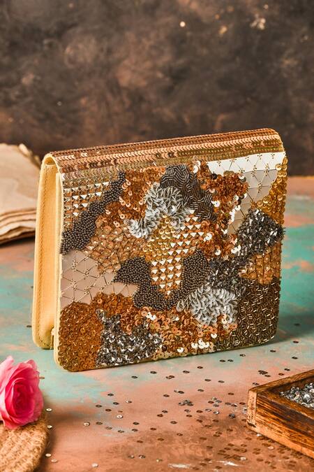 The Purple Sack Multi Color Sequins, Cut Work Magnifique Embellished Clutch With Sling 