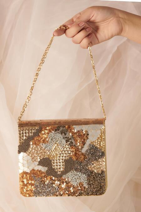 Shop The Purple Sack Multi Color Sequins, Cut Work Magnifique Embellished Clutch With Sling at Aza Fashions Shop_The Purple Sack_Multi Color Sequins, Cut Work Magnifique Embellished Clutch With Sling _at_Aza_Fashions