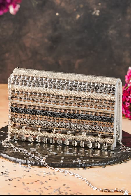 The Purple Sack Silver Sequins, Beads Sequcee Embellished Clutch With Sling 