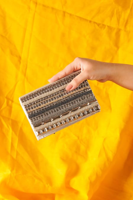 Shop The Purple Sack Silver Sequins, Beads Sequcee Embellished Clutch With Sling at Aza Fashions Shop_The Purple Sack_Silver Sequins, Beads Sequcee Embellished Clutch With Sling _at_Aza_Fashions