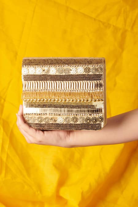 Shop The Purple Sack Gold Sequins, Zari Inaayat Embellished Clutch With Sling at Aza Fashions Shop_The Purple Sack_Gold Sequins, Zari Inaayat Embellished Clutch With Sling _at_Aza_Fashions
